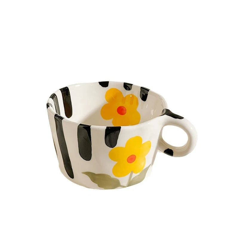 Cute Hand-Painted Ceramic Mugs – Strawberry, Flower, and Fruit Designs – 300ml Espresso & Coffee Cups for Kids and Girls
