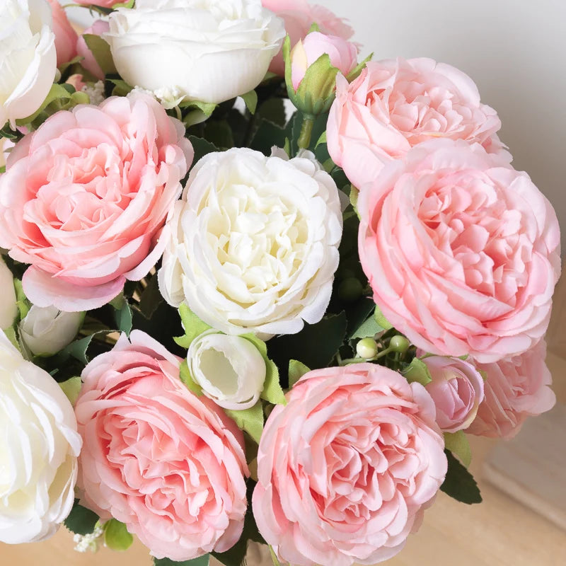 Kahaul Artificial Rose & Peony Silk Flower Bouquet – White Faux Flowers for Wedding, Home, and Party Decor