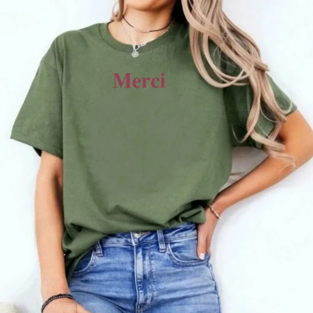 Merci Letter Print Cotton T-Shirt – Women’s Loose Casual Elegant Summer Tee