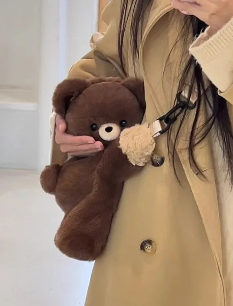 Cute Little Brown Bear Shoulder Bag – Plush Cartoon Doll Backpack for Girls