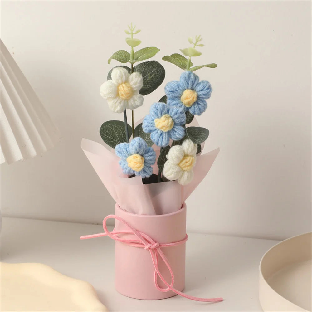 5PCS Knitted Flowers Puff Bucket Bouquet – Woolen Handcrafted Flowers for Valentine’s Day, Weddings, and Gifts