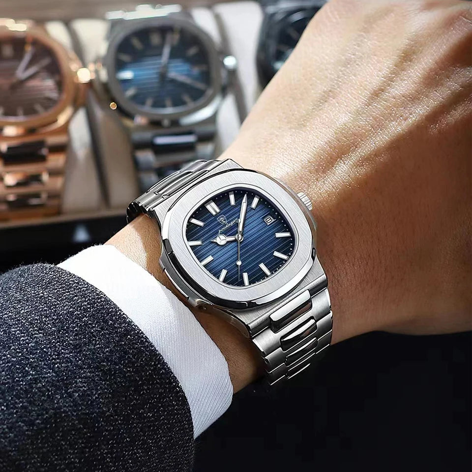 POEDAGAR Luxury Men's Square Quartz Watch – Stainless Steel, Waterproof, Luminous Hands, Date Display, Fashion & Casual 2024