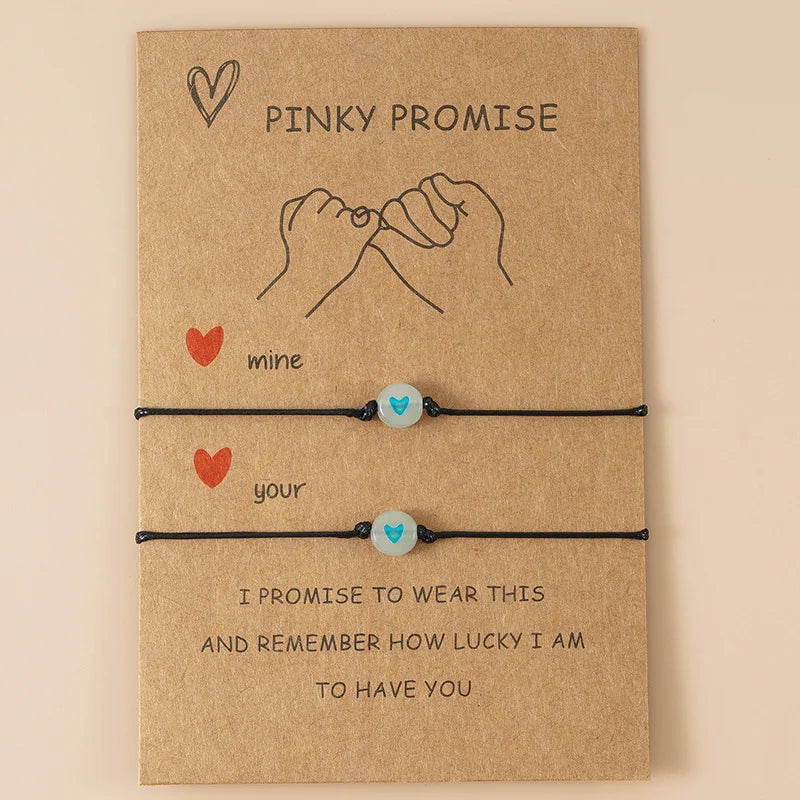 2Pcs Pinky Promise Couple Bracelets – Luminous Heart Bead Braided Friendship Jewelry for Kids
