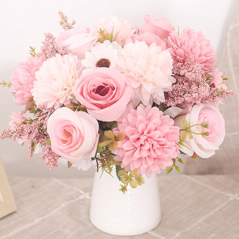 Artificial Autumn Roses & Silk Hydrangea Daisies – Home Table Bouquet for Weddings, Christmas, and Everyday Decor