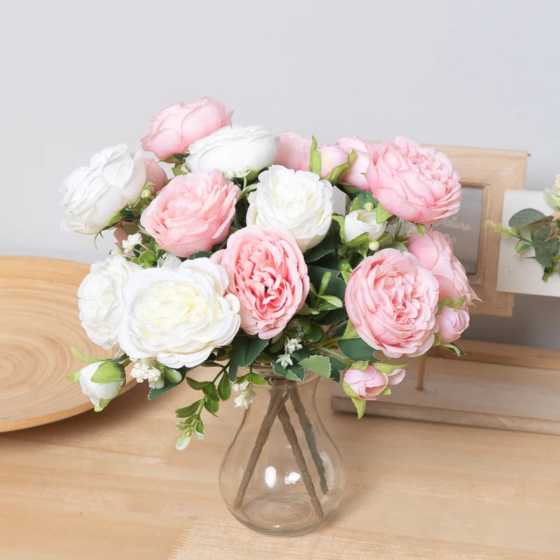 Kahaul Artificial Rose & Peony Silk Flower Bouquet – White Faux Flowers for Wedding, Home, and Party Decor