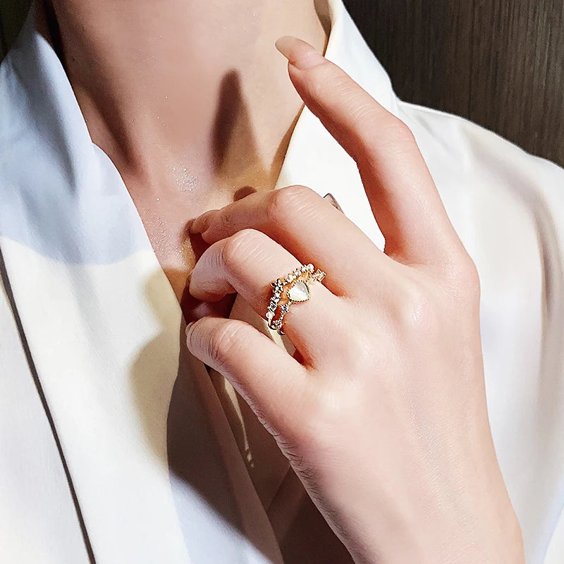 Gold plated simple double love crystal ring elegant women's daily opening ring accessories