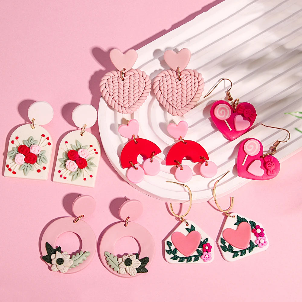 Polymer Clay Heart Earrings for Women – Handmade Valentine's Day Gift, Flower & Heart Drop Earrings