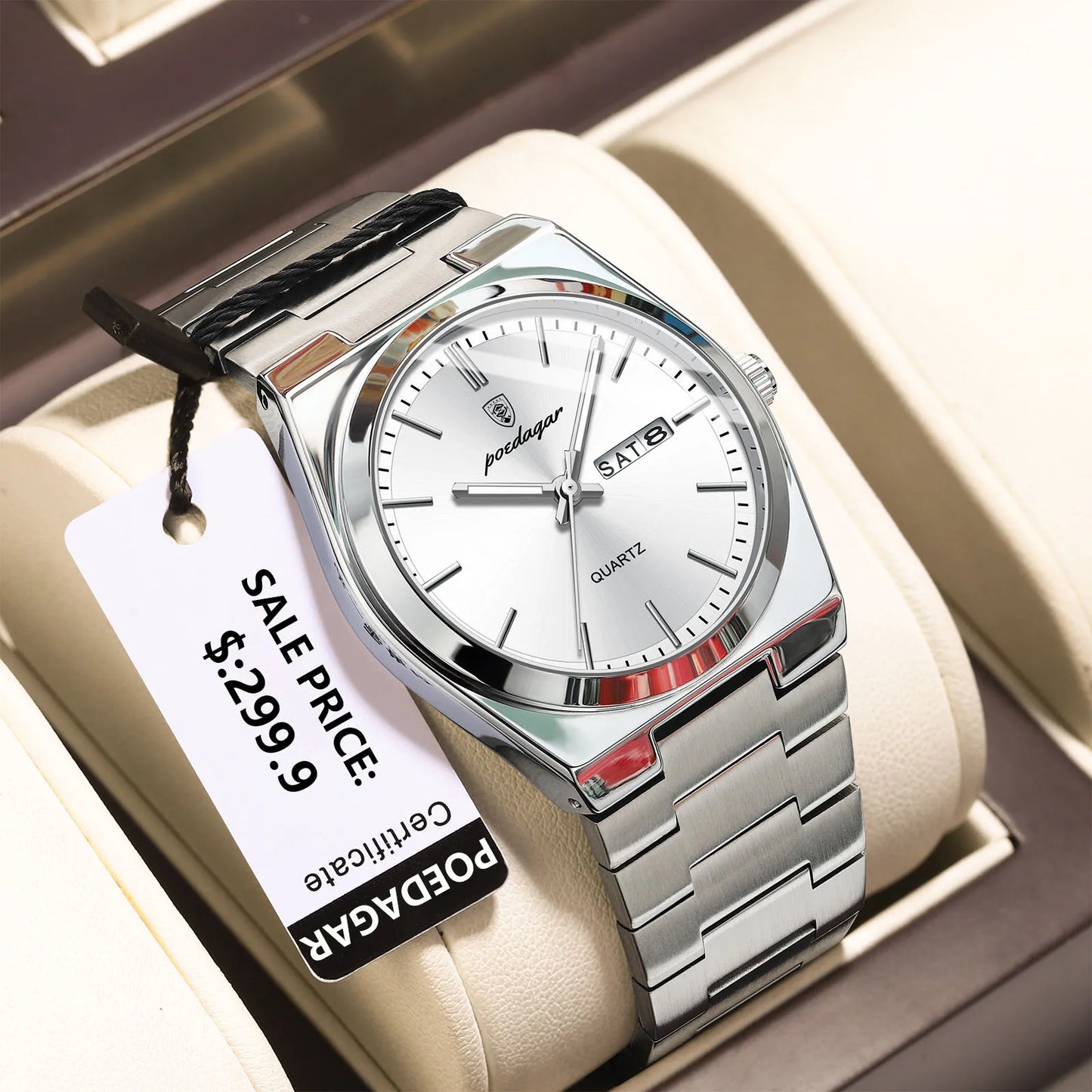 POEDAGAR Luxury Quartz Wristwatch for Men – Waterproof Stainless Steel Sport Watch with Luminous Hands, Date & Week Display, Gift Box Included
