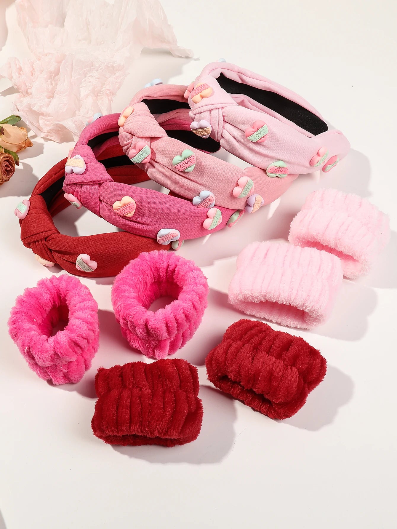 3-Pack Valentine’s Day Hairband Set – Red Spa Makeup Headbands and Face Washing Wristbands for Women