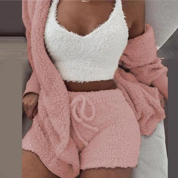 Fluffy Pajamas Set for Women – 3-Piece Winter Lounge Set with Tank Top, Shorts, and Hoodie