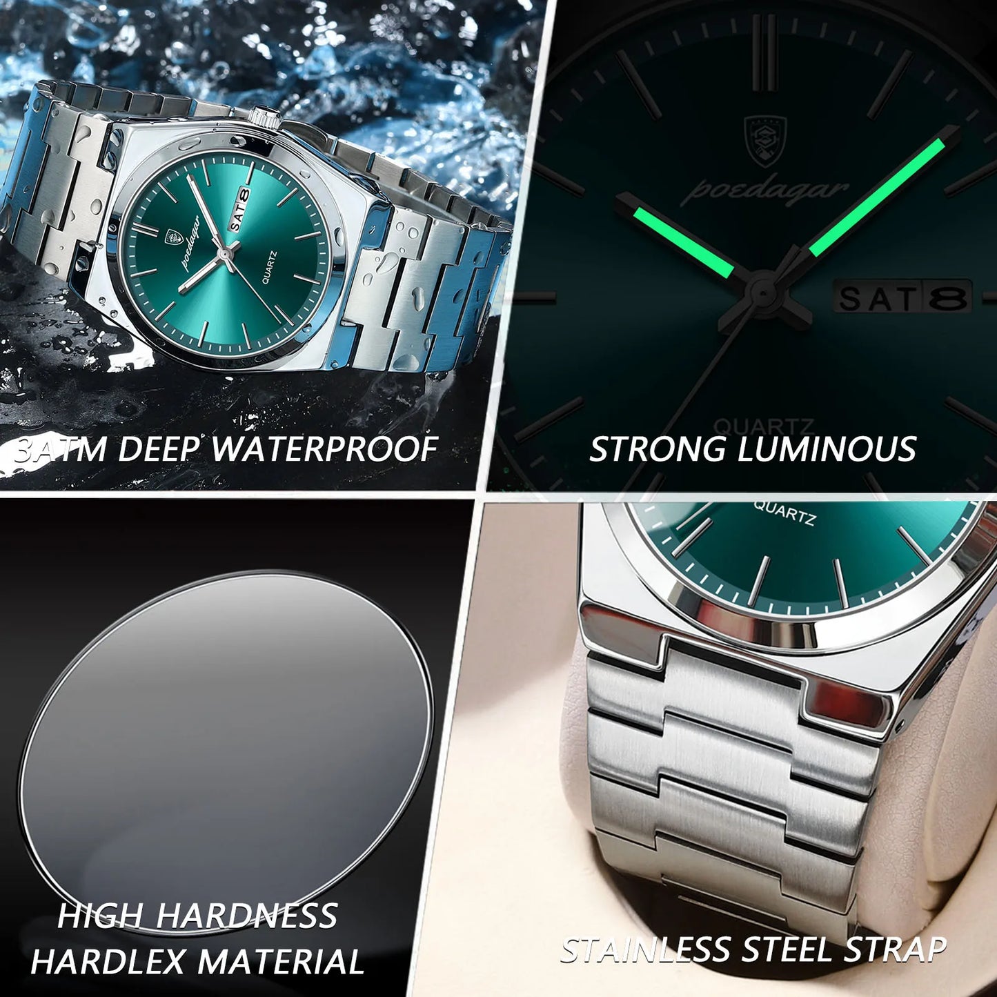 POEDAGAR Luxury Quartz Wristwatch for Men – Waterproof Stainless Steel Sport Watch with Luminous Hands, Date & Week Display, Gift Box Included