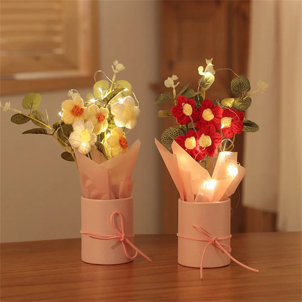 5PCS Knitted Flowers Puff Bucket Bouquet – Woolen Handcrafted Flowers for Valentine’s Day, Weddings, and Gifts