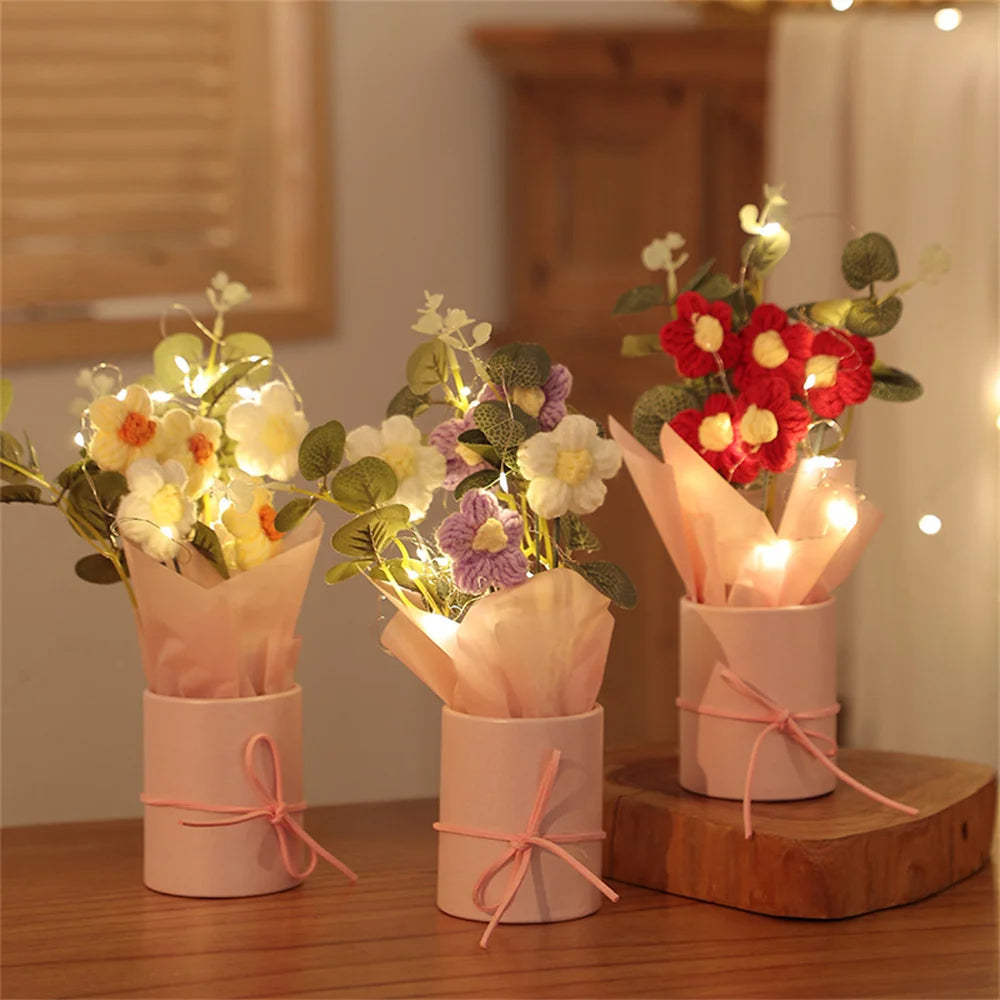 5PCS Knitted Flowers Puff Bucket Bouquet – Woolen Handcrafted Flowers for Valentine’s Day, Weddings, and Gifts