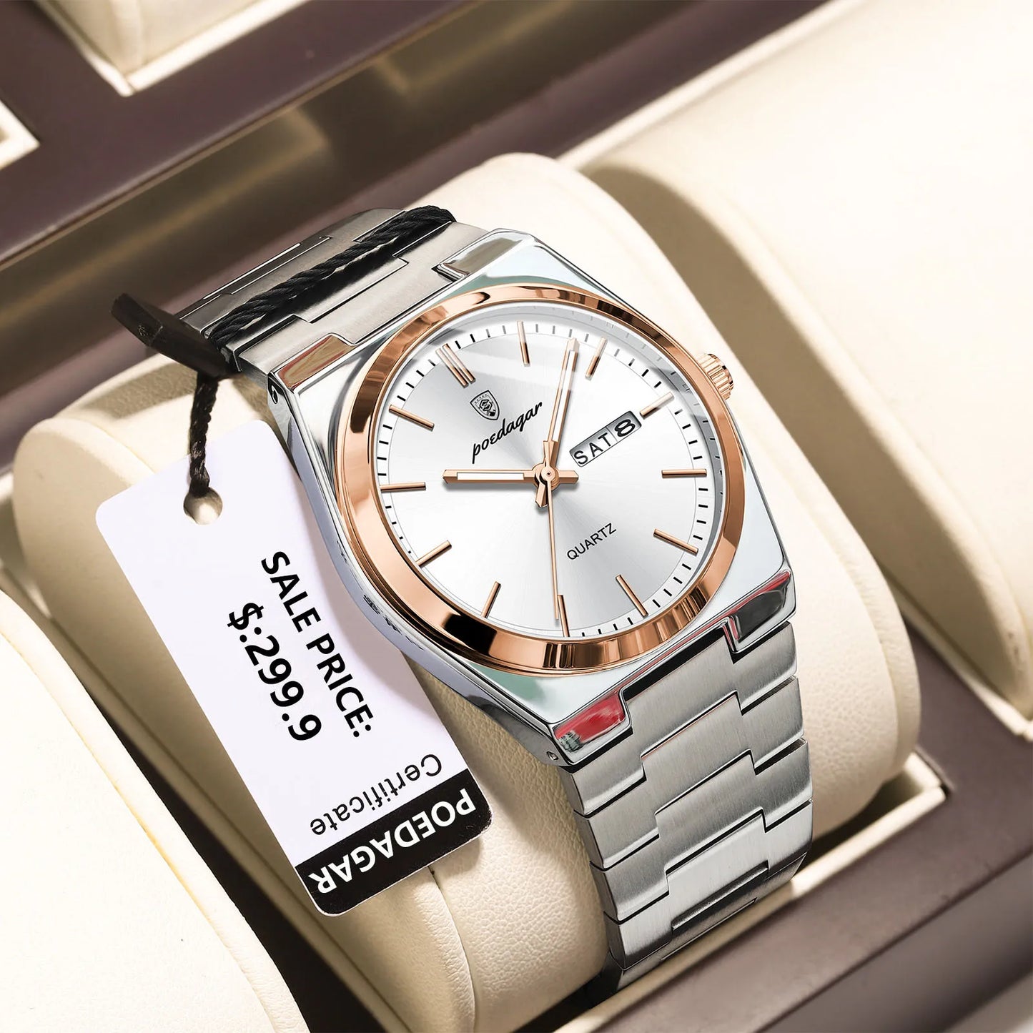 POEDAGAR Luxury Quartz Wristwatch for Men – Waterproof Stainless Steel Sport Watch with Luminous Hands, Date & Week Display, Gift Box Included