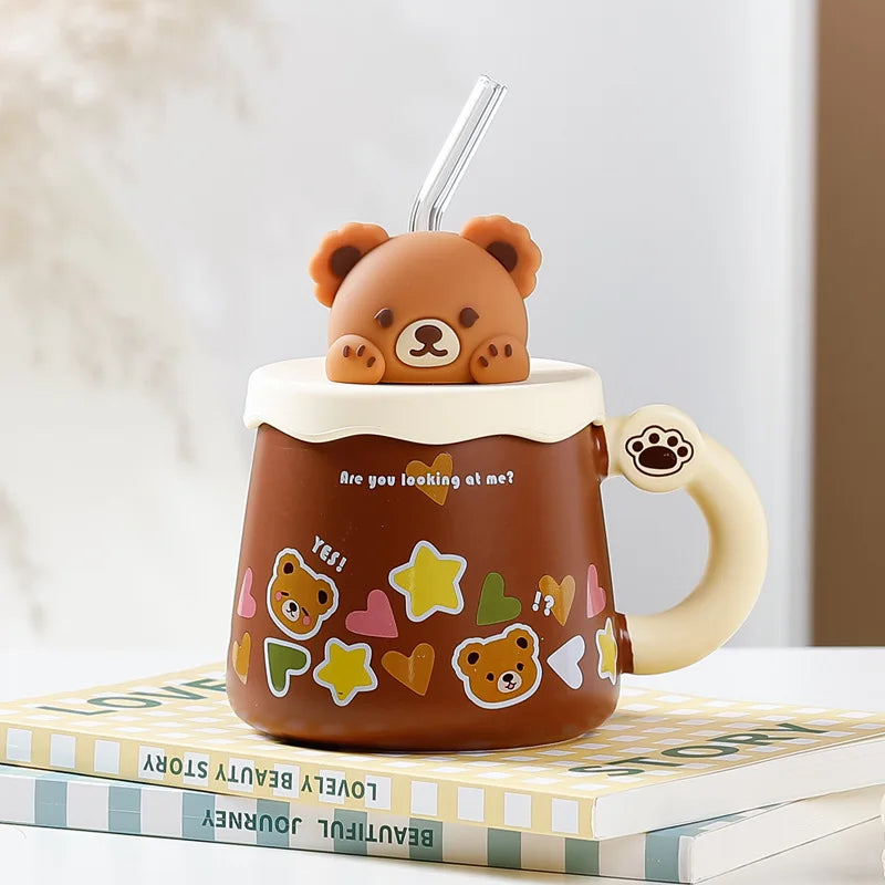 Adorable Bear Ceramic Mug with Lid and Straw – Large Capacity Coffee and Milk Cup for Home and Office