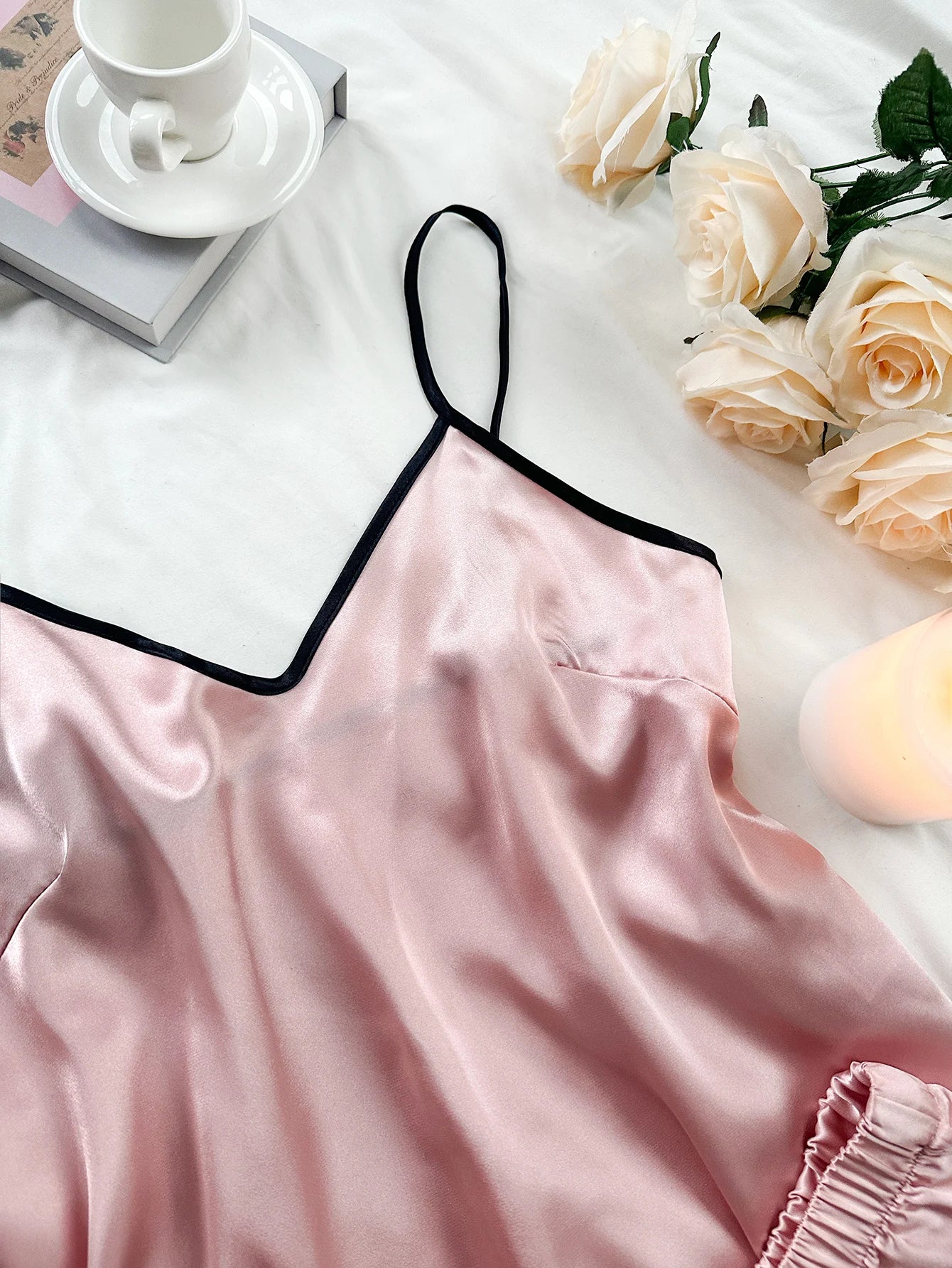 Luxurious Women’s Satin Pajama Set – V-Neck Ruffle Top & Bow Shorts