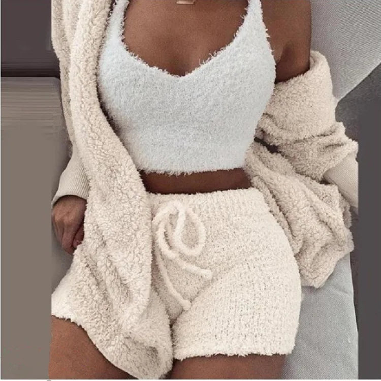 Fluffy Pajamas Set for Women – 3-Piece Winter Lounge Set with Tank Top, Shorts, and Hoodie
