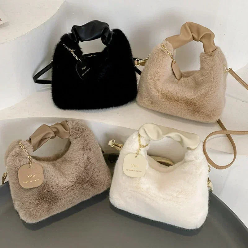Women’s Faux Fur Plush Handbag – Ruched Handle Small Shoulder & Crossbody Tote for Winter