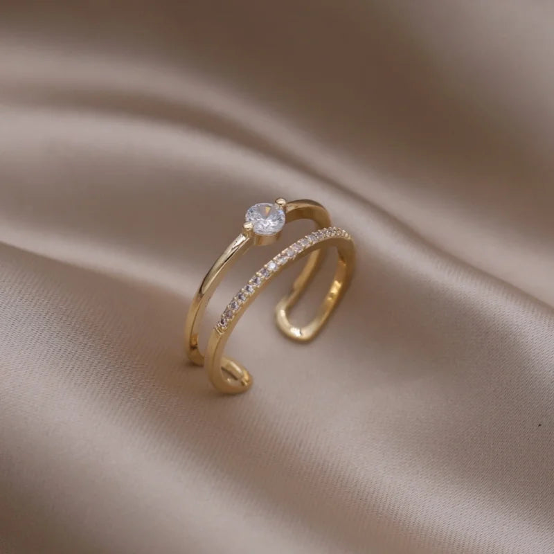 Gold plated simple double love crystal ring elegant women's daily opening ring accessories