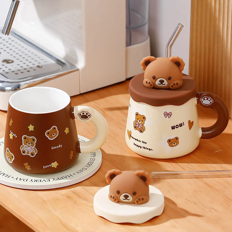 Adorable Bear Ceramic Mug with Lid and Straw – Large Capacity Coffee and Milk Cup for Home and Office