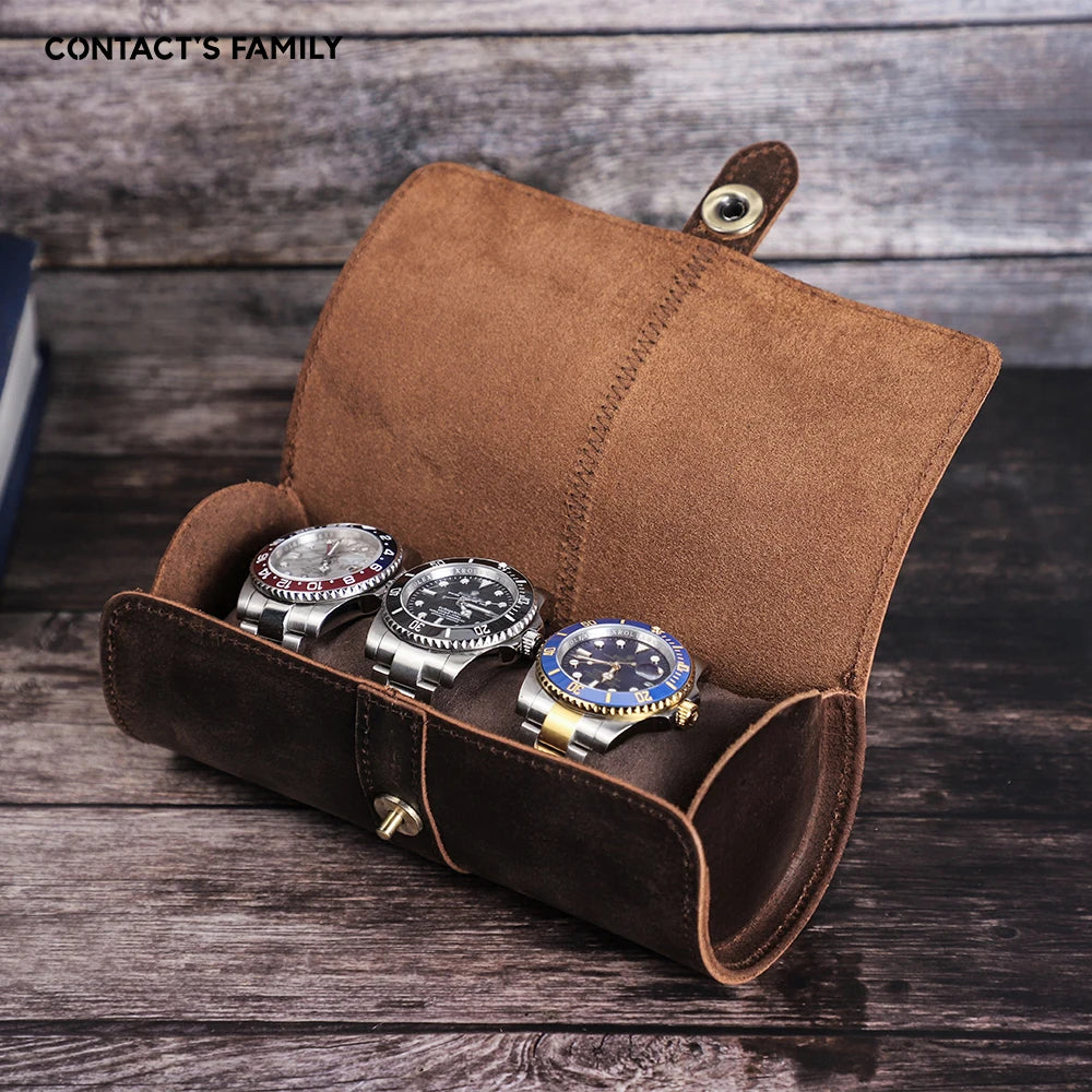 Handmade Leather Watch Roll Organizer - 3 Slots Travel Case for Men and Women