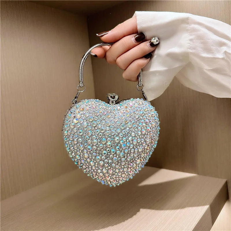 Luxury Heart-Shaped Crystal Clutch Purse – Rhinestone Evening Wedding Party Mini Handbag with Chain Handle