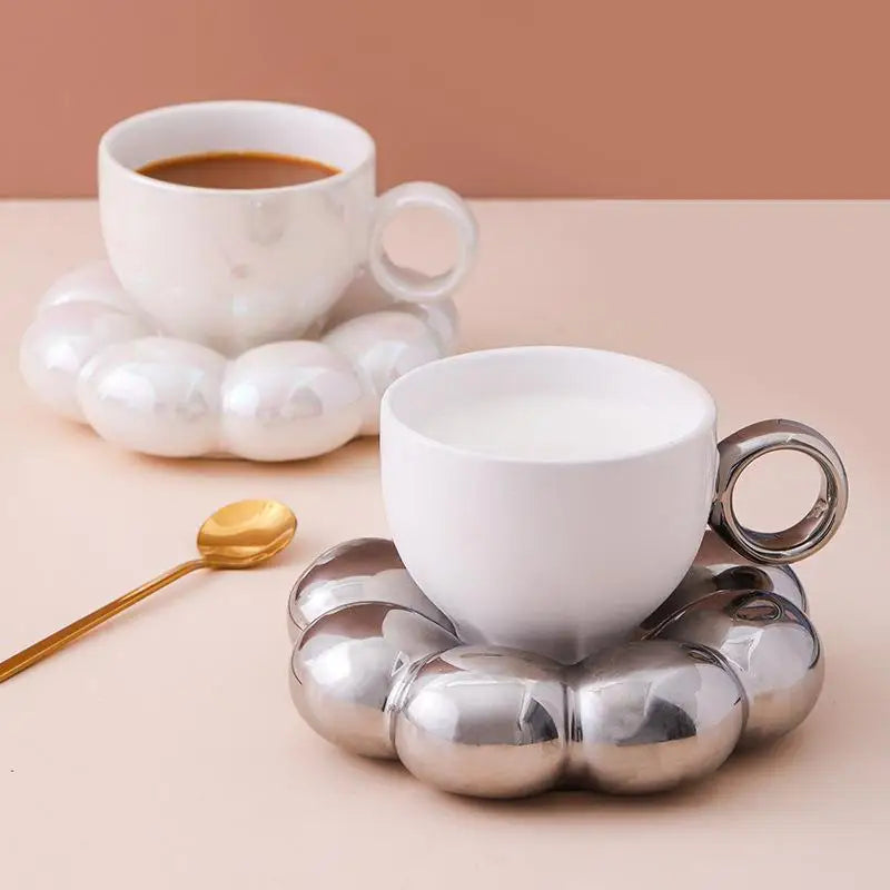 Sunflower Ceramic Coffee Mug Set - Modern Macaroon Series with Saucer, Pearl White, Durable and Stylish for Home & Office