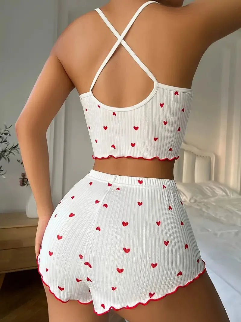 Heart Print Sleepwear Pajama Set – Flirty Ribbed Cami Top & Shorts