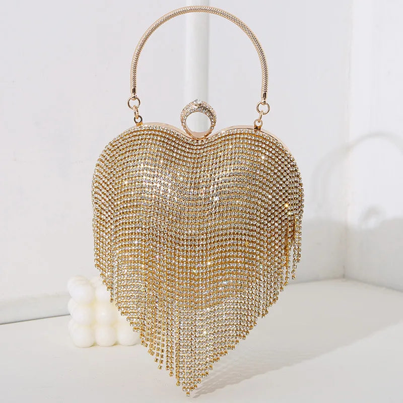 Rhinestone Heart Pattern Evening Bag – Silver Handbag with Tassel & Diamond Details for Weddings, Proms, and Banquets
