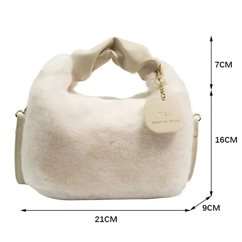 Women’s Faux Fur Plush Handbag – Ruched Handle Small Shoulder & Crossbody Tote for Winter