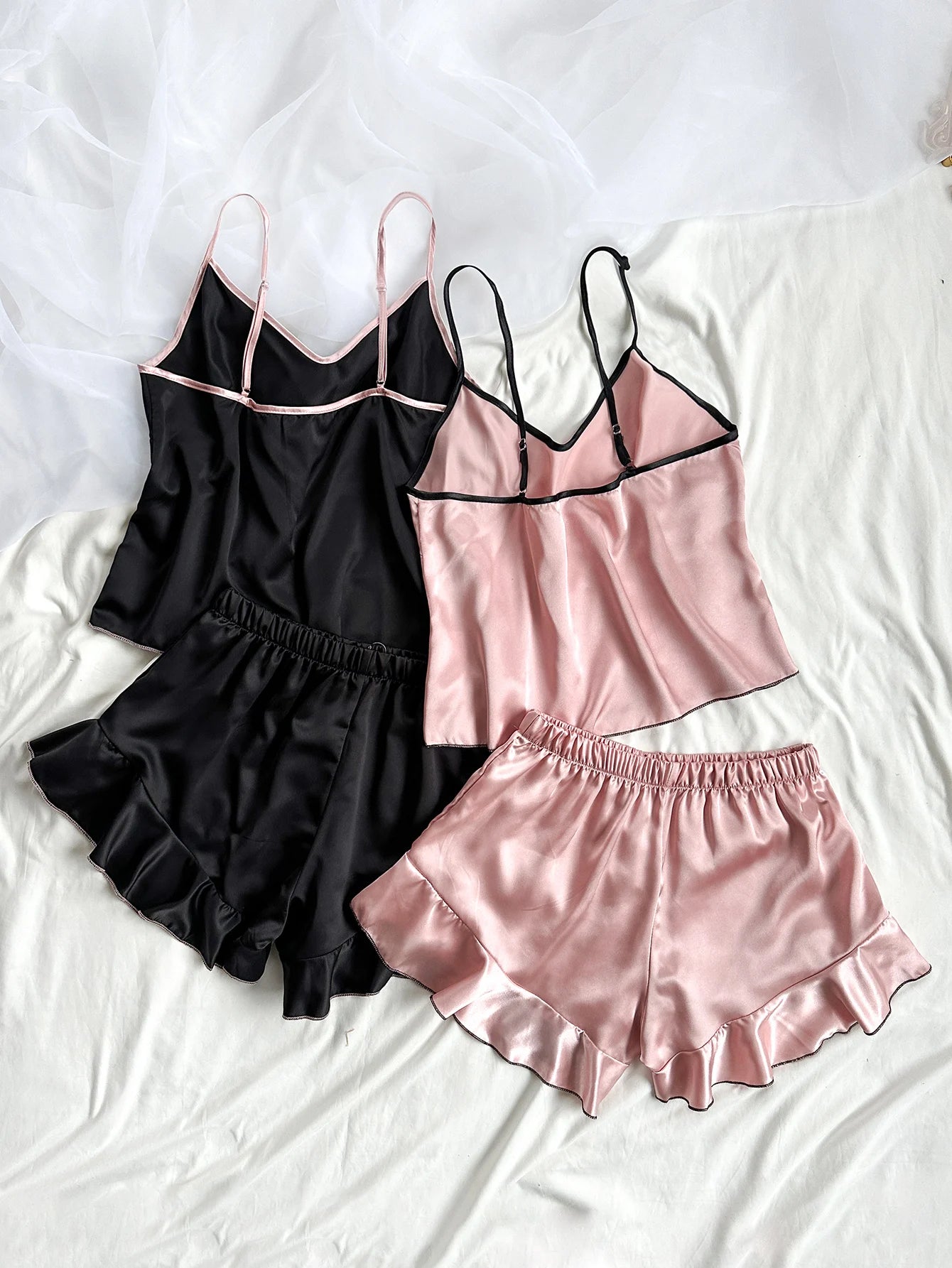Luxurious Women’s Satin Pajama Set – V-Neck Ruffle Top & Bow Shorts
