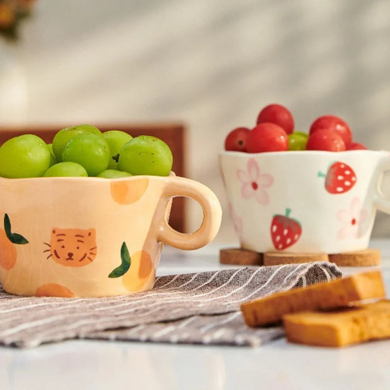 Cute Hand-Painted Ceramic Mugs – Strawberry, Flower, and Fruit Designs – 300ml Espresso & Coffee Cups for Kids and Girls