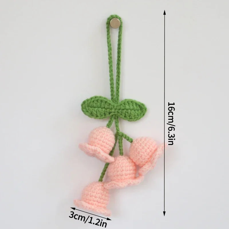 Crochet Flower Plant Keychain – Artificial Knitted Flower Hanging Decoration for Weddings, Gifts, and Car Pendants
