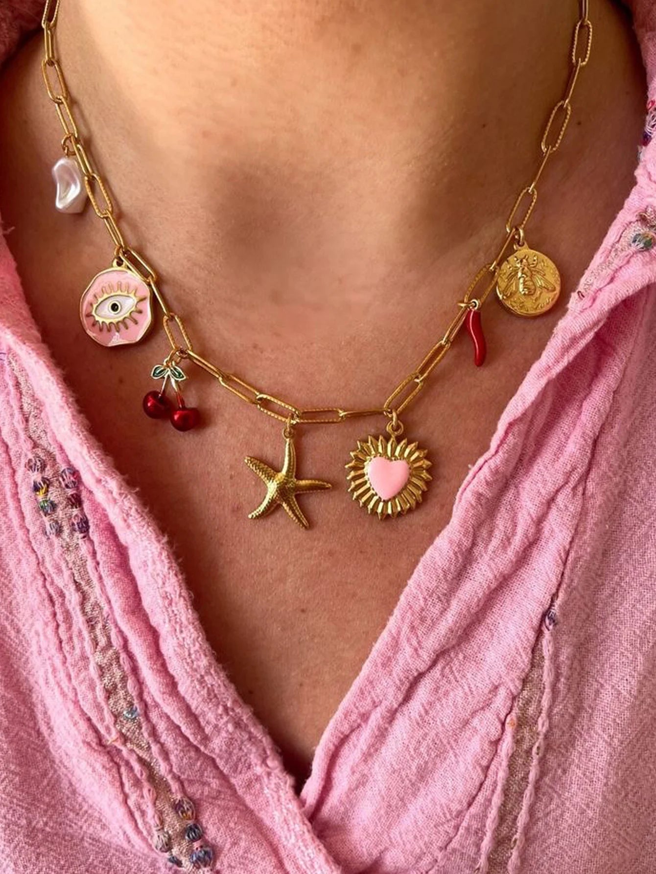 Evil Eye Charms Necklace – Gold Heart Pendant with Boho Sun, Moon, and Chili Accents for Women’s Party Jewelry