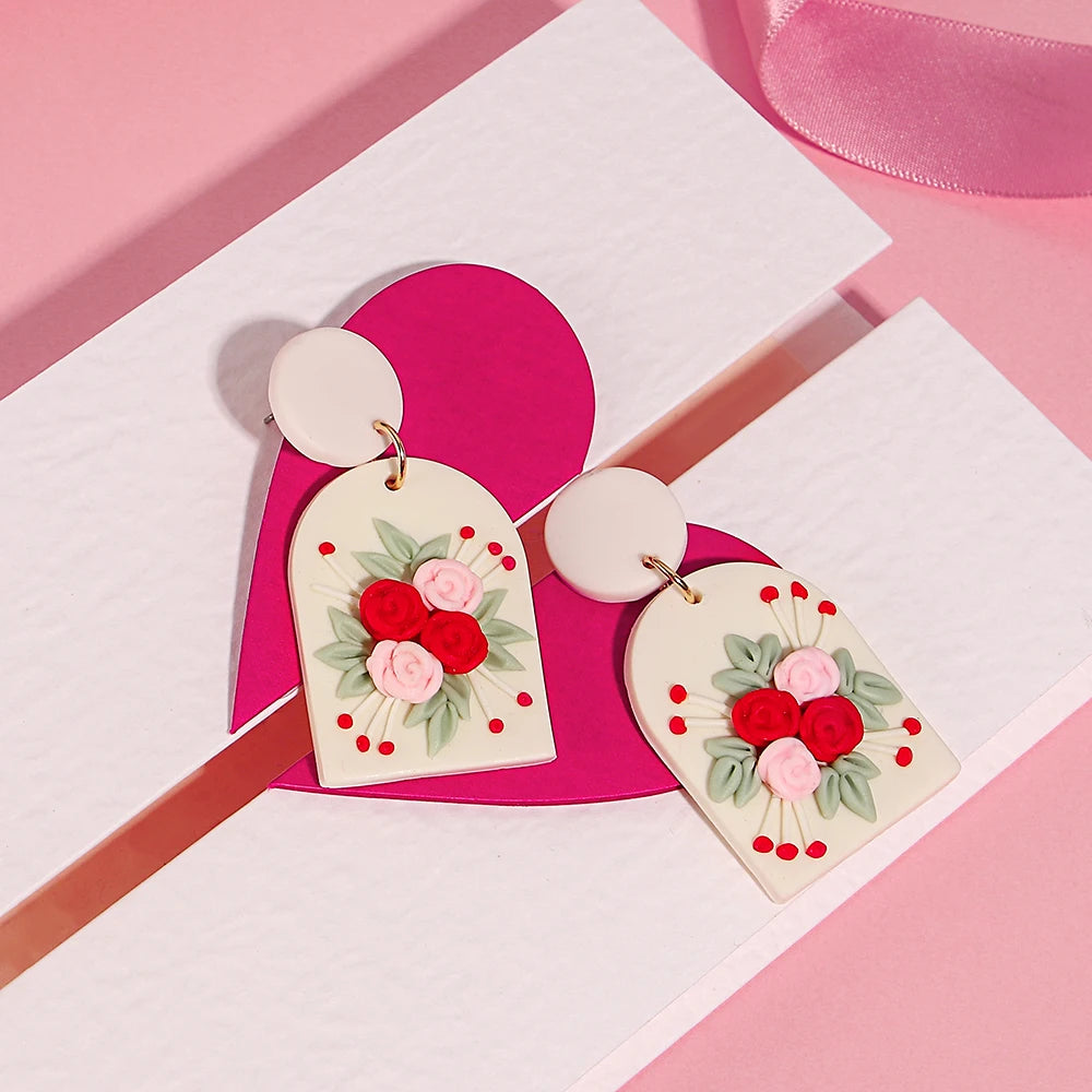 Polymer Clay Heart Earrings for Women – Handmade Valentine's Day Gift, Flower & Heart Drop Earrings