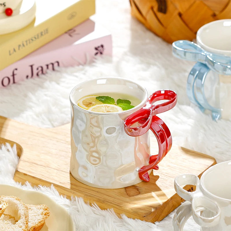Kawaii Pearl Glazed Ceramic Mug with Bow Handle, 350ml Coffee Milk Tea Cup, Valentine's Day Gift, Gift Box Packaging