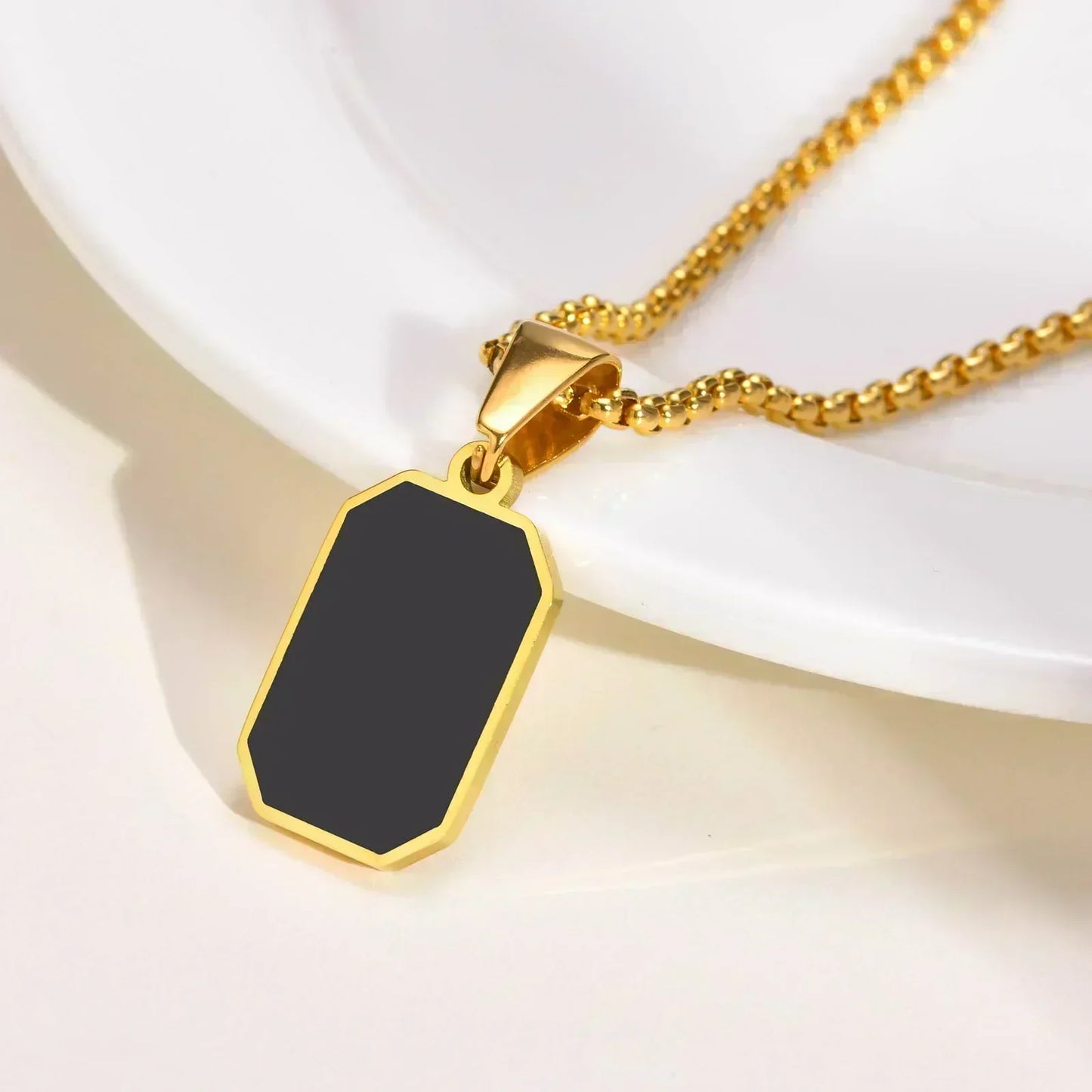 Gold Geometric Square Necklace for Men – Black Enamel Rectangle Pendant Stainless Steel Chain