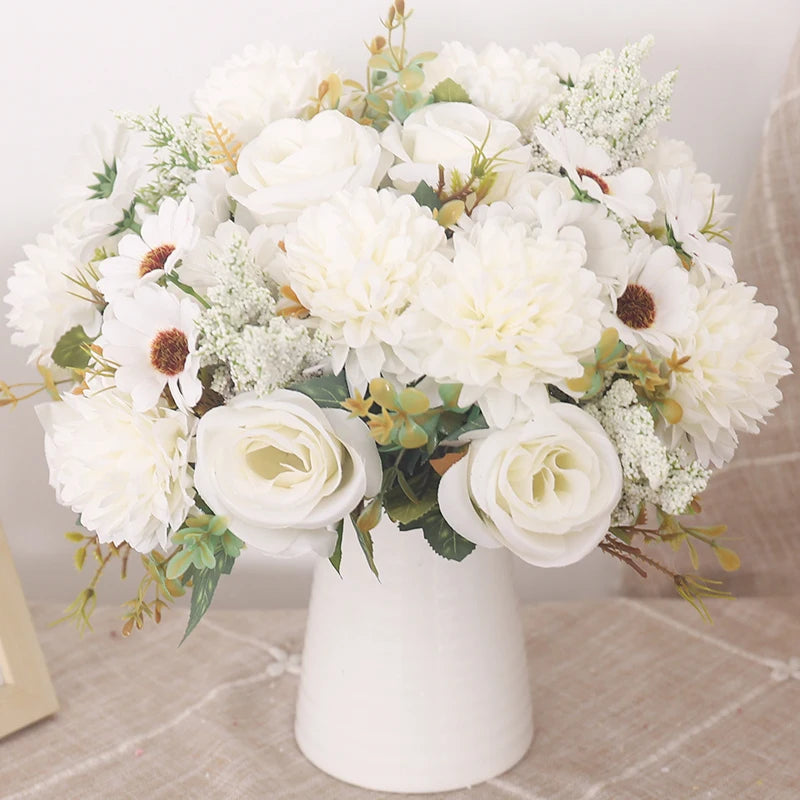 Artificial Autumn Roses & Silk Hydrangea Daisies – Home Table Bouquet for Weddings, Christmas, and Everyday Decor