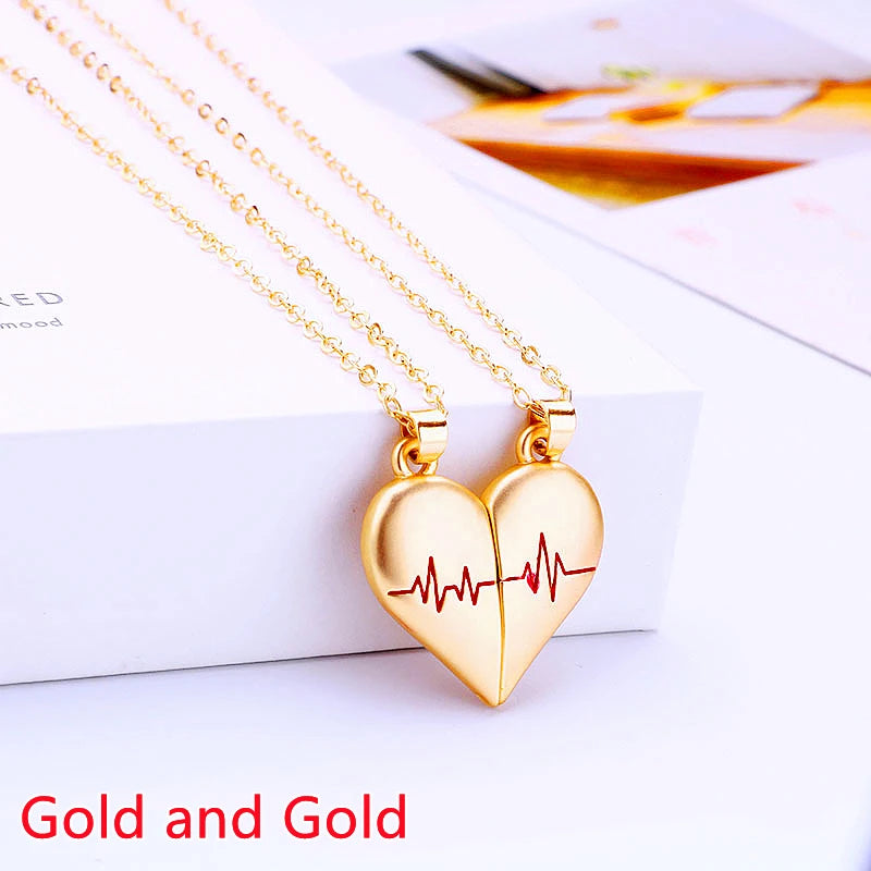 Magnetic Heart Electrocardiogram Pendant Necklace – Stainless Steel Couple Necklace Valentine's Day Gift