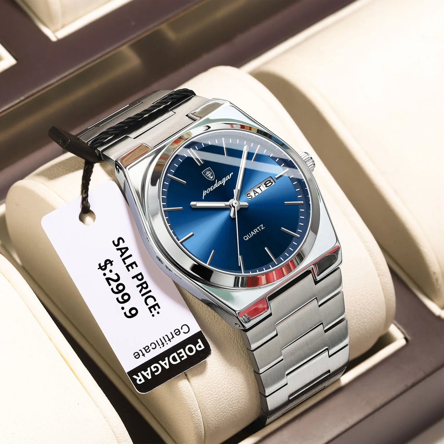 POEDAGAR Luxury Quartz Wristwatch for Men – Waterproof Stainless Steel Sport Watch with Luminous Hands, Date & Week Display, Gift Box Included