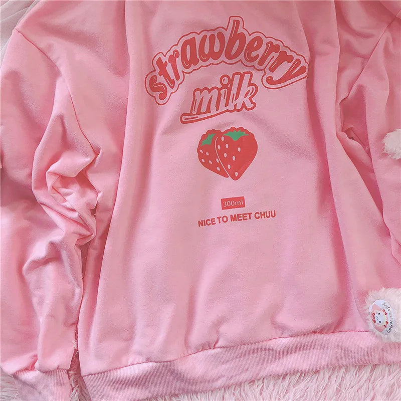Kawaii Strawberry Pink Sweatshirt – Fleece Women’s Hoodie