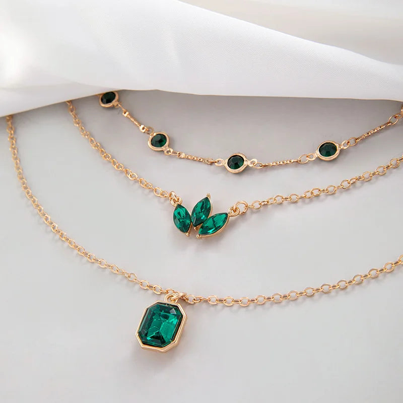 Tocona Luxury Leaf Grass Green Crystal Stone Layered Necklace – Adjustable Alloy Jewelry for Women