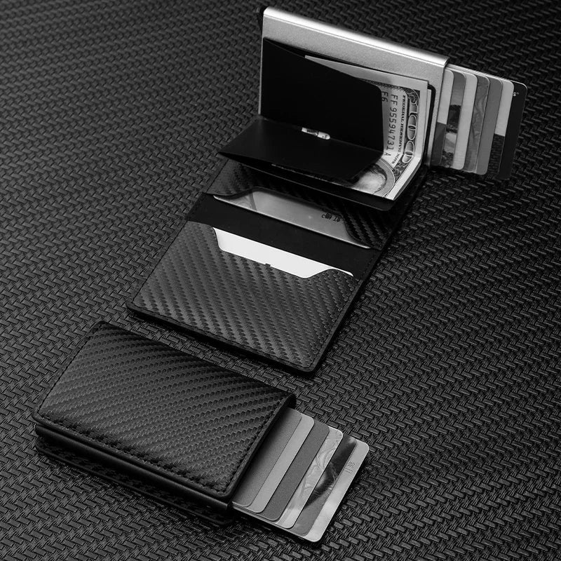 Premium Carbon Fiber RFID Credit Card Holder Wallet – Slim Minimalist Pop-Up Design for Men, Metal RFID Protection, Stylish Black Wallet