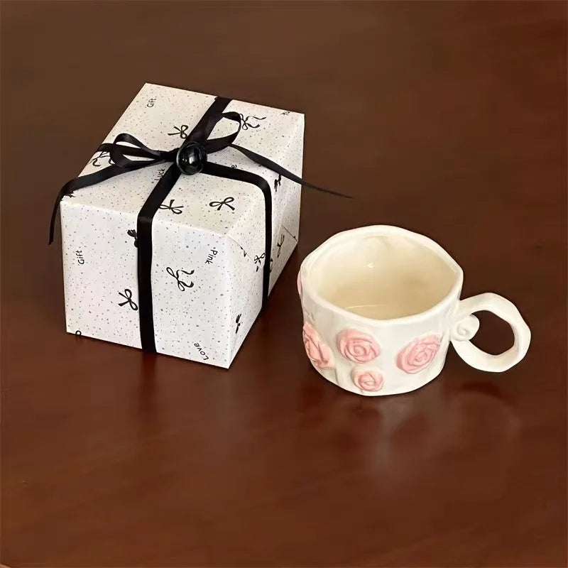 Handmade Pink Bow Ceramic Mug – 350ml Irregular Artistic Coffee Cup, Cute Gift Water Cup for Women