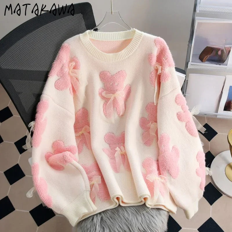 Matakawa Cartoon Pink Sweater – Women’s Kawaii Loose Fit Pullover for Autumn/Winter