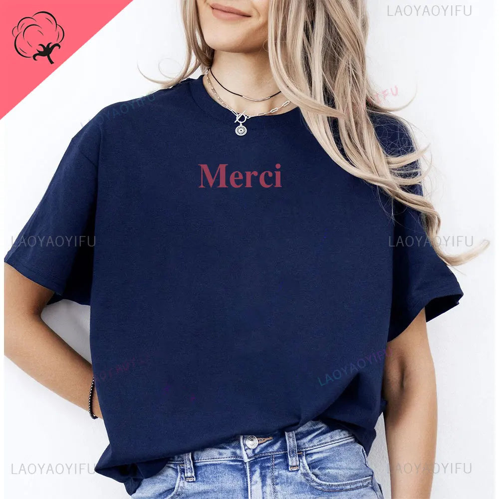 Merci Letter Print Cotton T-Shirt – Women’s Loose Casual Elegant Summer Tee