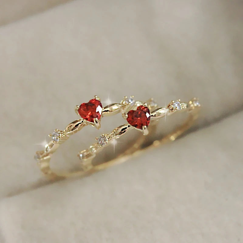 Huitan Exquisite Red Love CZ Engagement Proposal Ring – Thin Band Aesthetic Jewelry for Women