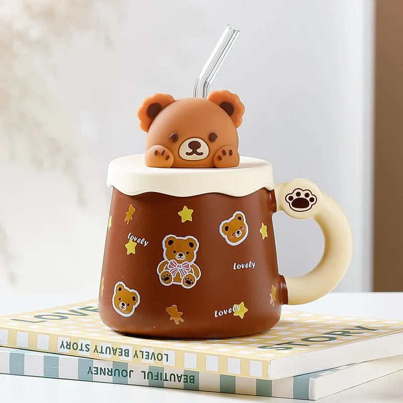 Adorable Bear Ceramic Mug with Lid and Straw – Large Capacity Coffee and Milk Cup for Home and Office