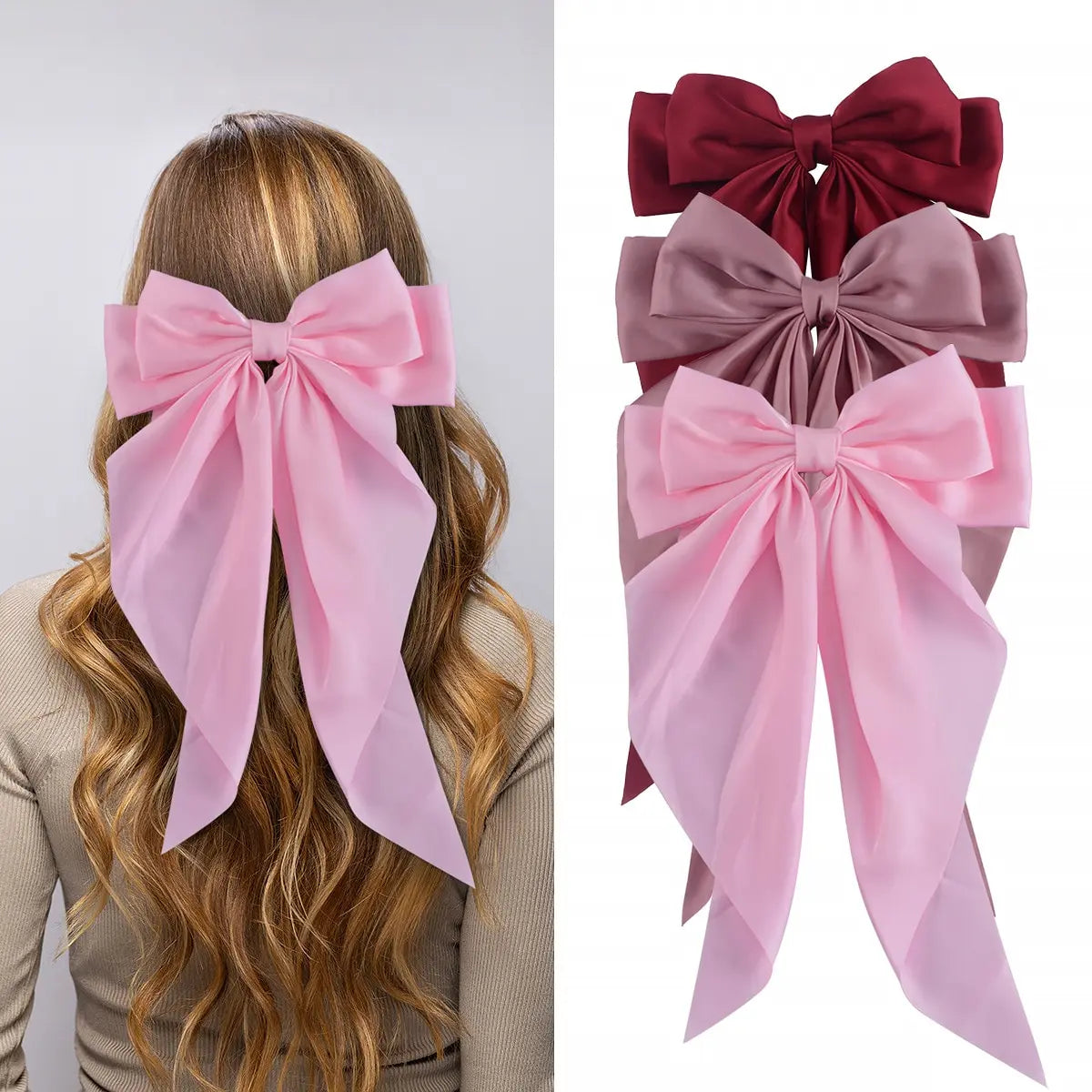 3Pcs Large Satin Ribbon Bow Hair Clips – Elegant Solid Color Hair Accessories for Women