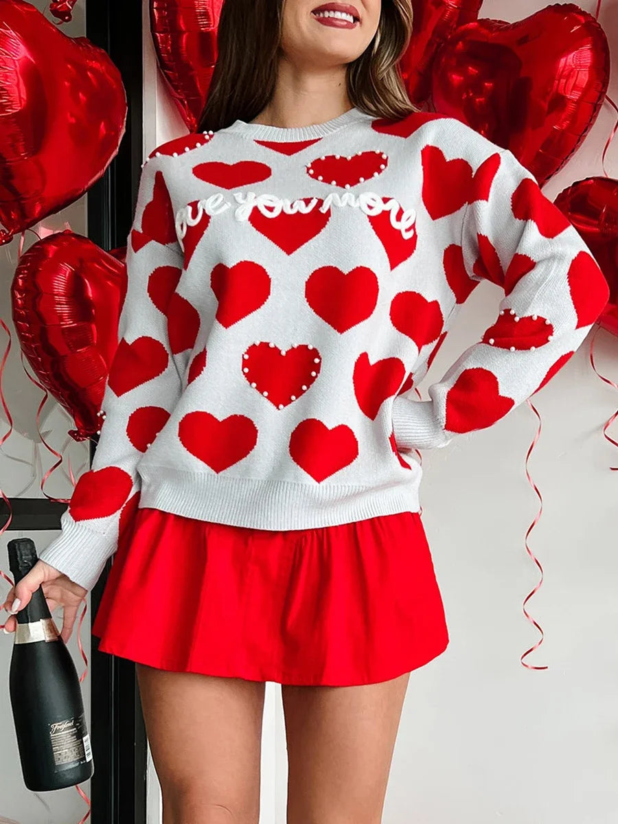 Women’s Pink Heart Print Oversized Sweatshirt – Romantic Valentine’s Day Sweater